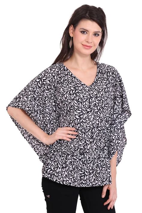 Poly Crepe Printed Black Balloon Short Sleeve Round Neck Top Buy at ...