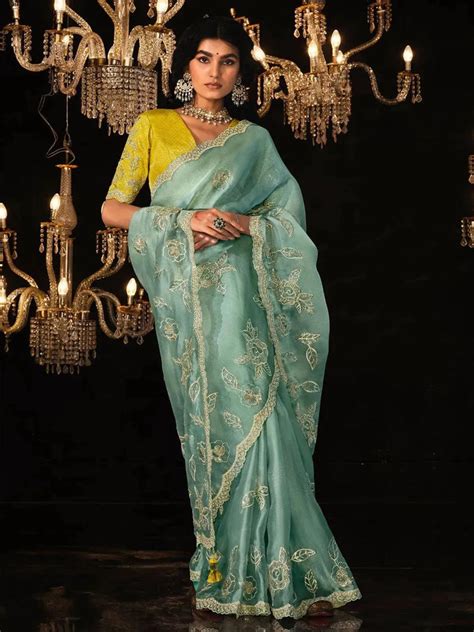 Graceful Sea Green Saree with Yellow Sequins Embroidered Blouse - VJV ...