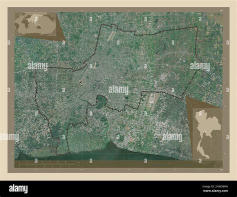 Bangkok Metropolis, province of Thailand. High resolution satellite map. Locations of major ...