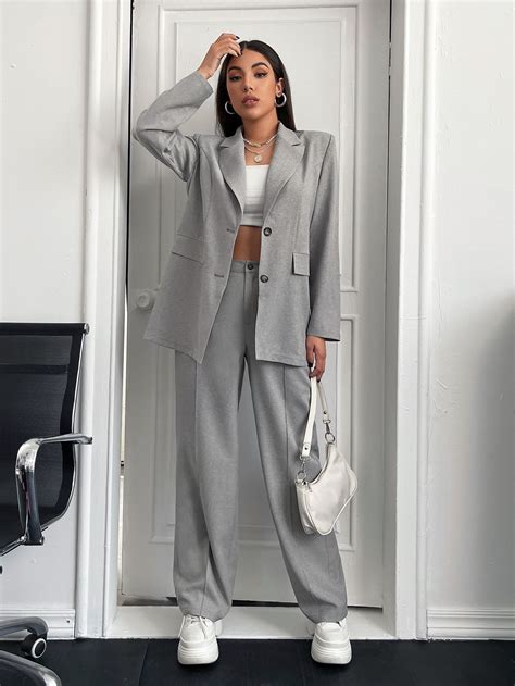 Grey Elegant Collar Long Sleeve Plain Embellished Non-Stretch Women ...