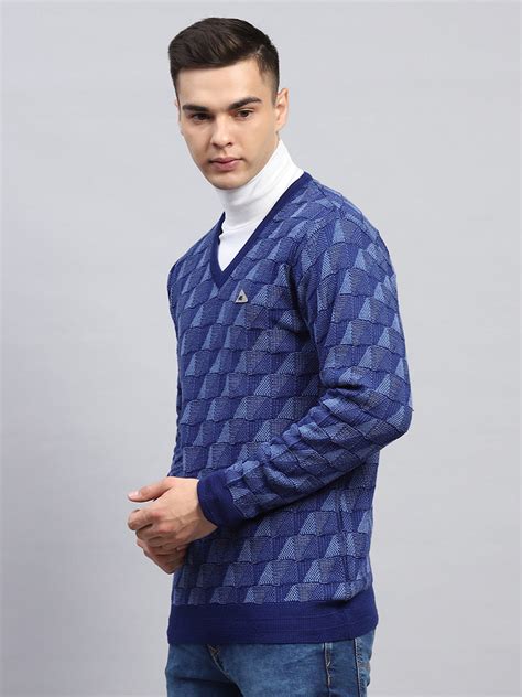 Buy Men Blue Self Design V Neck Full Sleeve Pullover Online in India ...