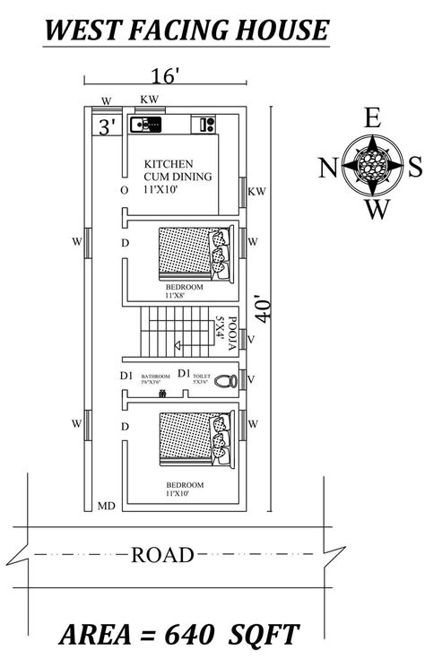 Autocad Drawing file shows 16'X40' 2 bhk West facing House Plan As Per Vastu Shastra. The total ...