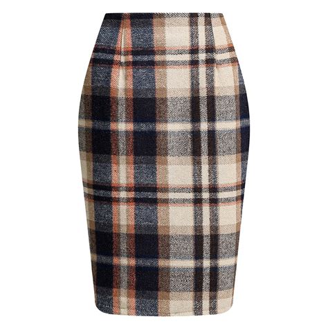 FrzhBrz Womens Plaid Skirt Knee Length High Waisted Wool Plaid Midi ...