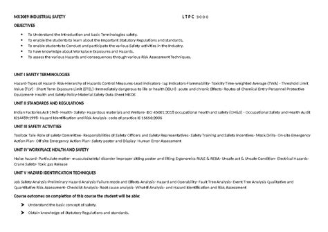 MX3089 Industrial Safety Course Syllabus and Objectives - Studocu