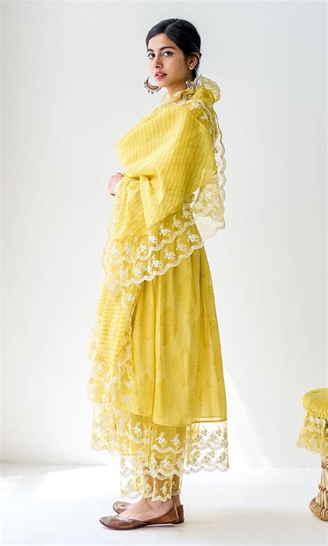 Mehrooz Yellow Block Printed Anarkali with Palazzo and Leheriya Print ...