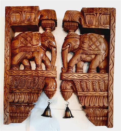 JLine Arts Elephant Wooden Wall Bracket Pair, Brown Finish, South ...