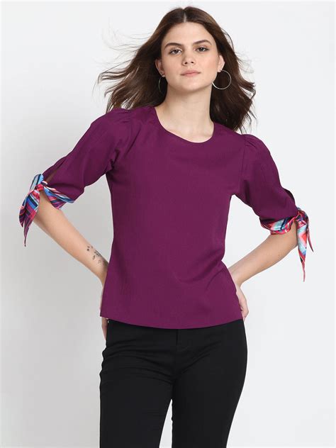 Buy Purple Printed Tie Up Sleeves Casual Top Online – Shaye India