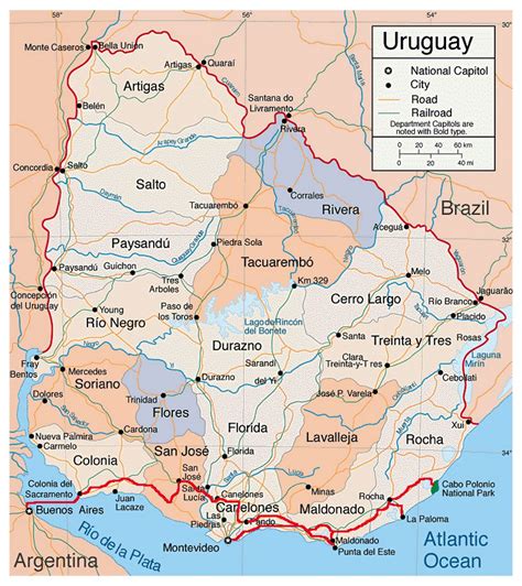 Detailed political and administreative map of Uruguay with roads and major cities | Uruguay ...