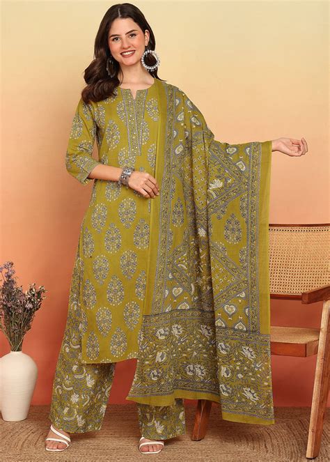 Mahendi Green Floral Printed Straight Cotton Stitched Kurta Set – Vbuyz