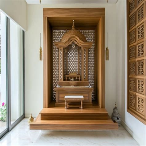 Modern Open Mandir Desin With Persian Walnut Laminates