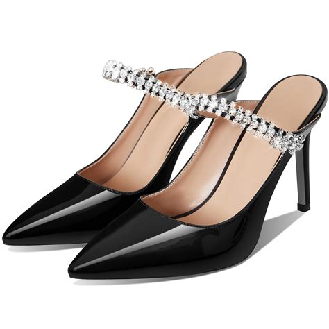 AMINUGAL Womens Rhinestones Strap Heeled Sandals Ankle Strap Pointed ...