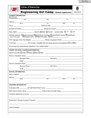 Fillable Online Engineering Girl Camp Student Application - College of ...