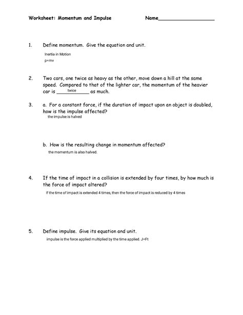 Impulse Physics Worksheets