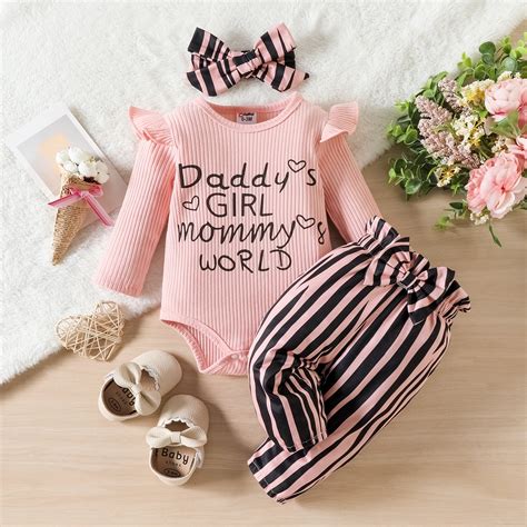 PatPat Newborn Baby Girls Ribbed Romper Striped Pants with Headband ...