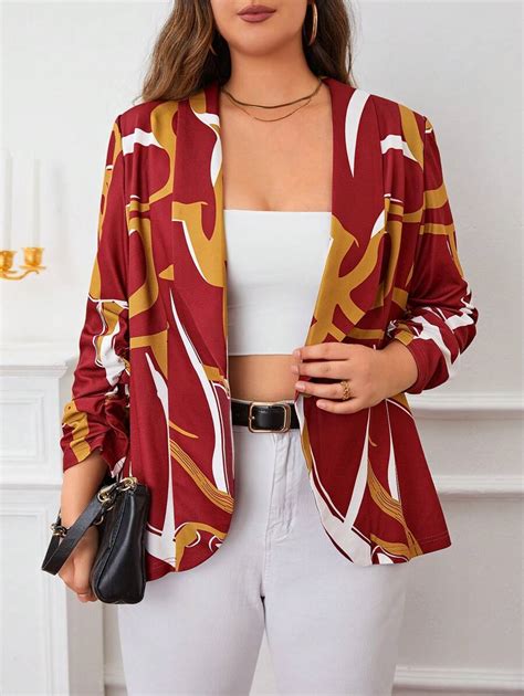 SHEIN LUNE Plus Allover Print Shawl Collar Ruched Sleeve Open Front ...