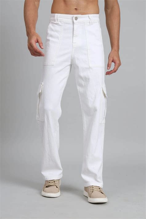 Men's Loose Fit Multiple Pocket White Denim Cargo Pant - Peplos Jeans ...