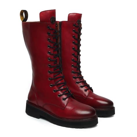 WINE LEATHER WITH METAL LION LONG LACE UP LADIES BOOTS BY BRUNE & BARE