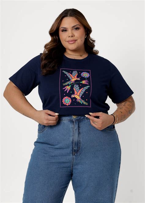 T-SHIRT PLUS SIZE QUADRO ARARAS - COR AZUL MARINHO | Atacado Tshirt ...