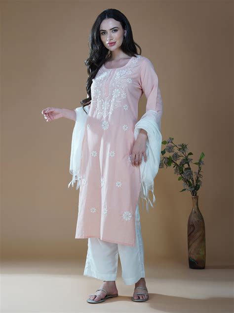 Peach Bliss Cotton Chikankari Embroidered Kurti – MADHUSHA