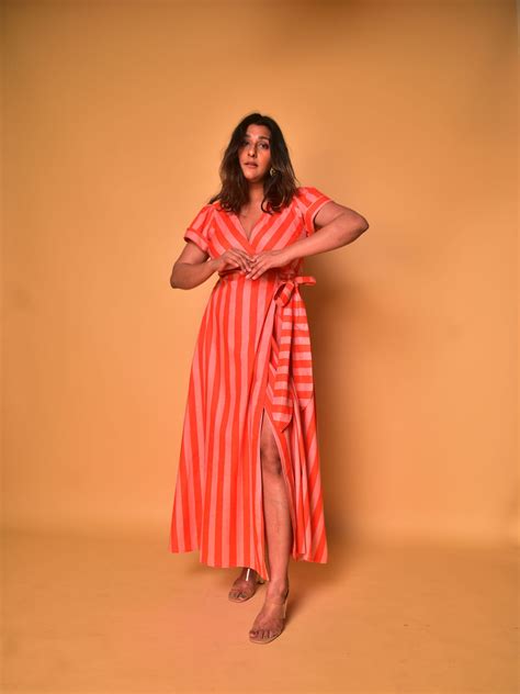 Peach and Orange Cotton Wrap Dress for Women | WhySoBlue