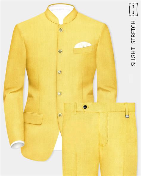 Saffron Elegance-Lemon Yellow Solid Premium Wool Rich Bandhgala ...