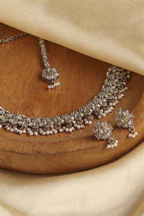 Buy Mint Green Gold Plated Alloy Studded Necklace Set Online at Biba India