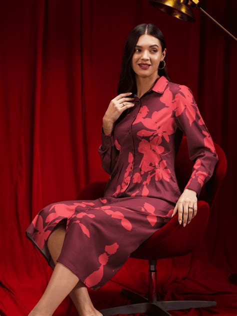 Buy Maroon Floral Print Shirt Dress Online | FableStreet