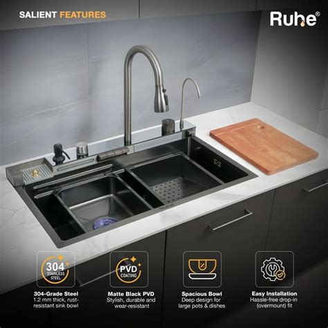 Ruhe Piano 30" x 18" x 9" Smart Kitchen Sink, 304 Grade Black Stainless ...