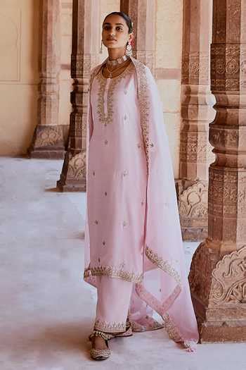 Buy Pink Muslin, Organza Embroidery Round Neck Dori Work Kurta Pant Set ...