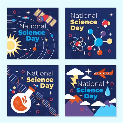 Flat national science day instagram posts collection | Free Vector