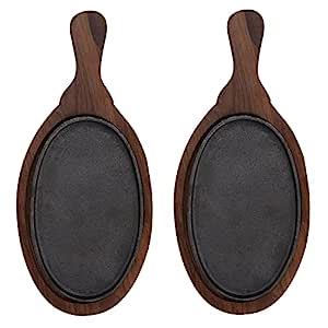 Buy e kysa Cast Iron Sizzler Plate with Handle (25 * 16 cm) with Wooden ...