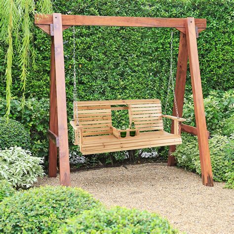 Costway 2-Seat Wooden Porch Swing Bench, Folding Cup Holder, Metal ...