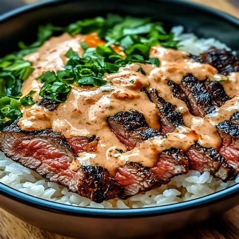 Korean BBQ Steak Rice Bowls with Spicy Cream Sauce