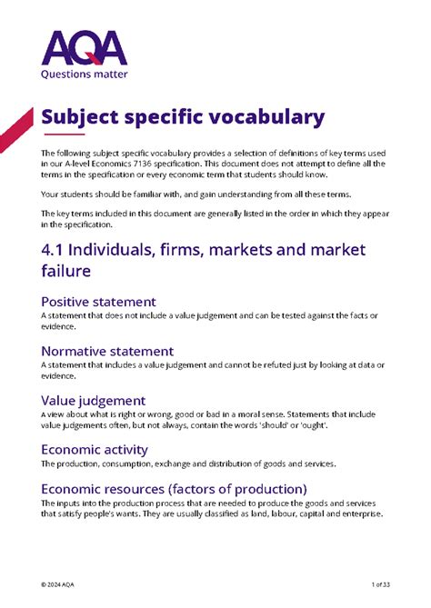 AQA 7136 Economics: Key Terms & Definitions Vocabulary Guide - Studocu