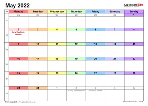 Calendar May 2022 UK with PDF, Excel and Word templates
