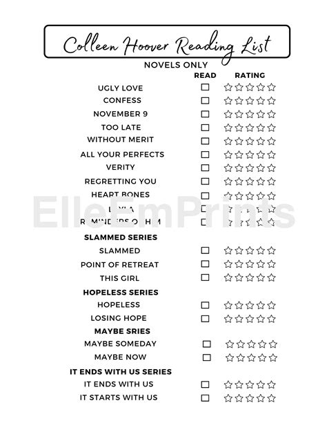 Colleen Hoover Checklist Printable - Printable Sight Words List