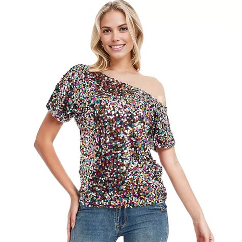 Women's One Shoulder Cap Sleeve Sequin Party Top