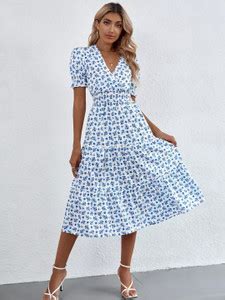 KOTTY Women Fit and Flare White, Dark Blue Dress - Buy KOTTY Women Fit ...