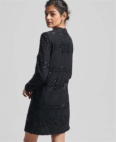EMBROIDERED WOMEN'S BLACK SHIFT DRESS