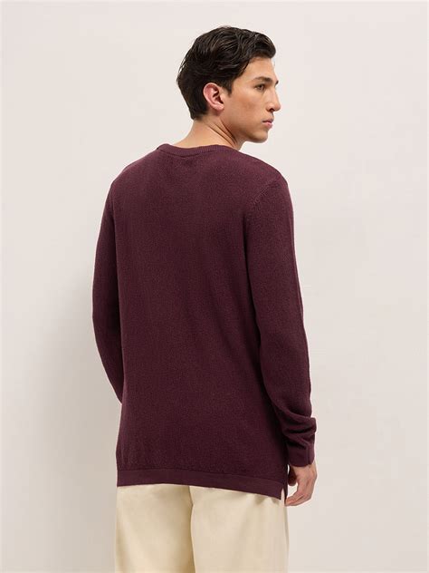 Shop Maroon Regular Fit Full Sleeve Flat Knit T-Shirt with Solid ...