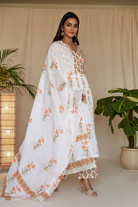Tangerine Mini Angrakha Kurta with Pants & Blockprint Dupatta - Set of ...