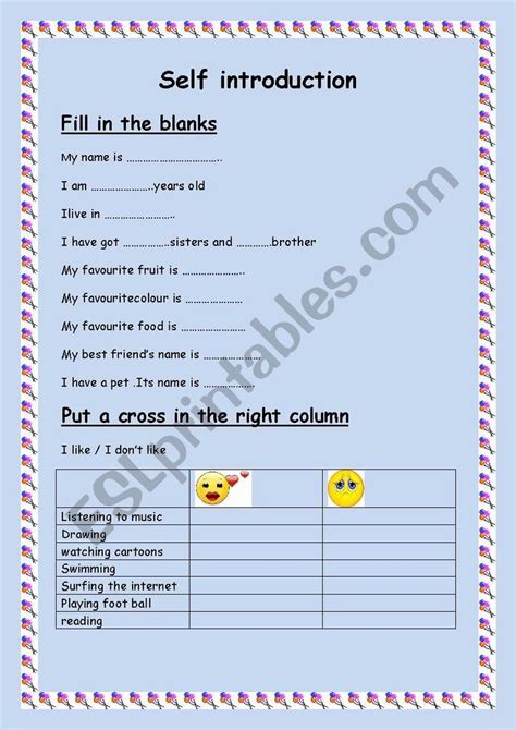 Image result for ESL Self Introduction Worksheet