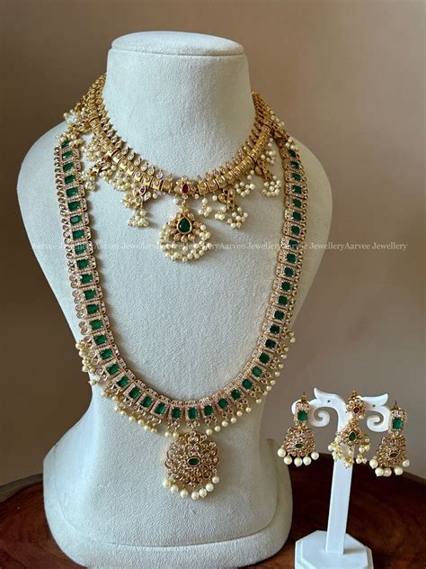 COMBO - CLASSIC GUTTA PUSALU NECKLACE WITH CZ GREEN STONE HARAM SET WI ...