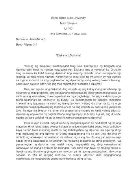 Diskarte o Diploma Iskrip sa Pinaghandaang Talumpati - Bohol Island ...