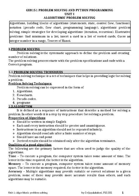 GE8151 PROBLEM SOLVING AND PYTHON PROGRAMMING: UNIT I NOTES - Studocu