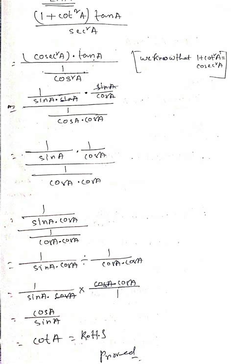 (1+cot²A) tanA/sec²A=cotA - Brainly.in