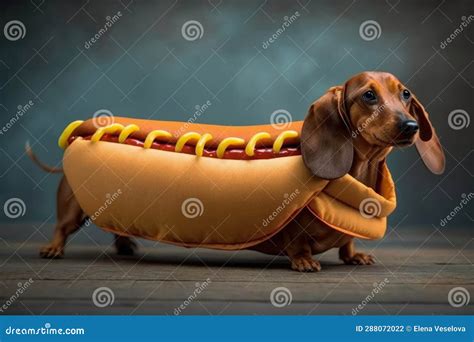 Dachshund in a Hot Dog Costume for Halloween Outside on the Sidewalk ...