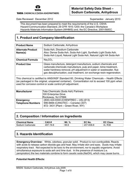 Material Safety Data Sheet - Sodium Carbonate ... - Tata Chemicals