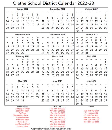 Olathe District School Calendar 2022-2023 With Holidays