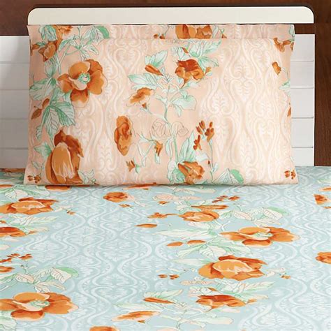 Bombay Dyeing Green Peach Floral 180 TC Cotton Double 1 Bedsheet With 2 ...